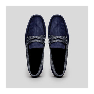 Zelli Italia Monza Men's Shoes Navy Calf-Skin Suede & Crocodile Skin Driver (ZEL1044)