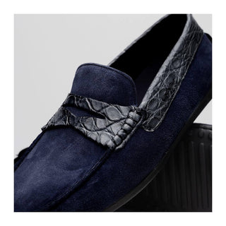 Zelli Italia Monza Men's Shoes Navy Calf-Skin Suede & Crocodile Skin Driver (ZEL1044)