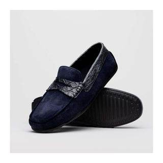 Zelli Italia Monza Men's Shoes Navy Calf-Skin Suede & Crocodile Skin Driver (ZEL1044)