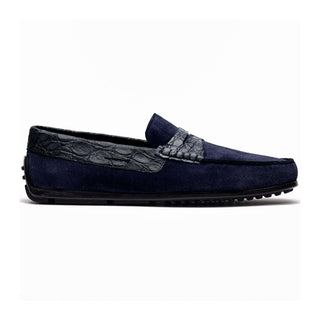 Zelli Italia Monza Men's Shoes Navy Calf-Skin Suede & Crocodile Skin Driver (ZEL1044)