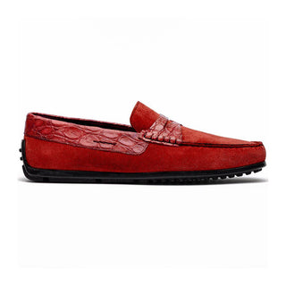 Zelli Italia Monza Men's Shoes Red Calf-Skin Suede & Crocodile Skin Driver (ZEL1044)