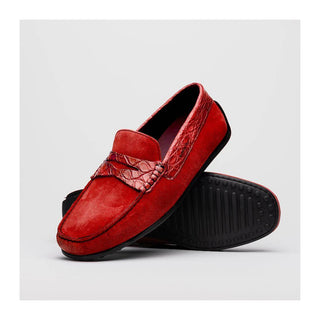 Zelli Italia Monza Men's Shoes Red Calf-Skin Suede & Crocodile Skin Driver (ZEL1044)