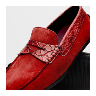 Zelli Italia Monza Men's Shoes Red Calf-Skin Suede & Crocodile Skin Driver (ZEL1044)