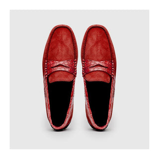 Zelli Italia Monza Men's Shoes Red Calf-Skin Suede & Crocodile Skin Driver (ZEL1044)