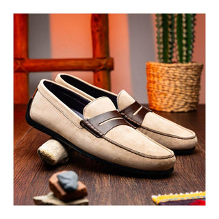 Zelli Italia Monza Men's Shoes Bone & Chestnut Calf-Skin Suede Driver (ZEL1045)