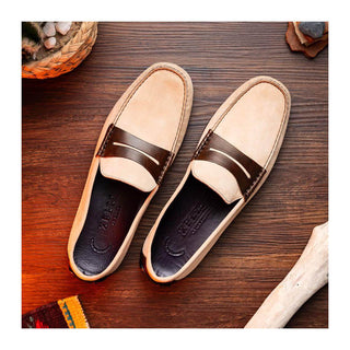 Zelli Italia Monza Men's Shoes Bone & Chestnut Calf-Skin Suede Driver (ZEL1045)