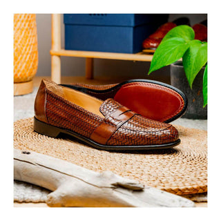 Zelli Italia Nicola Men's Shoes Cognac Woven Calf-Skin Leather Penny Loafer (ZEL1021)