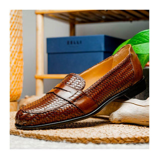 Zelli Italia Nicola Men's Shoes Cognac Woven Calf-Skin Leather Penny Loafer (ZEL1021)