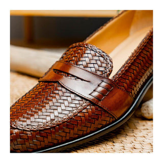 Zelli Italia Nicola Men's Shoes Cognac Woven Calf-Skin Leather Penny Loafer (ZEL1021)