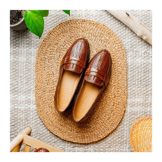 Zelli Italia Nicola Men's Shoes Cognac Woven Calf-Skin Leather Penny Loafer (ZEL1021)