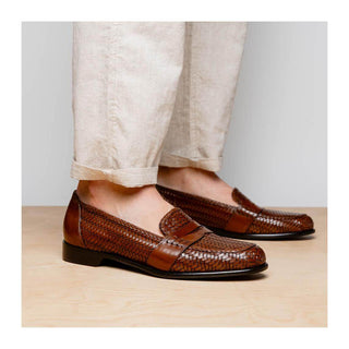 Zelli Italia Nicola Men's Shoes Cognac Woven Calf-Skin Leather Penny Loafer (ZEL1021)