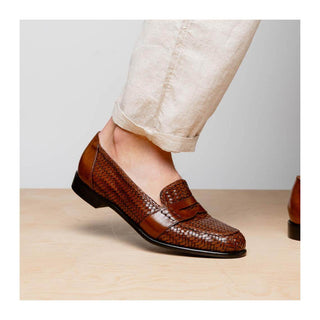 Zelli Italia Nicola Men's Shoes Cognac Woven Calf-Skin Leather Penny Loafer (ZEL1021)
