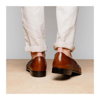 Zelli Italia Nicola Men's Shoes Cognac Woven Calf-Skin Leather Penny Loafer (ZEL1021)