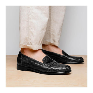 Zelli Italia Nicola Men's Shoes Black Woven Calf-Skin Leather Penny Loafer (ZEL1021)