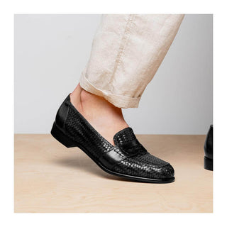 Zelli Italia Nicola Men's Shoes Black Woven Calf-Skin Leather Penny Loafer (ZEL1021)