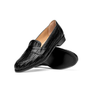 Zelli Italia Nicola Men's Shoes Black Woven Calf-Skin Leather Penny Loafer (ZEL1021)