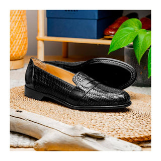 Zelli Italia Nicola Men's Shoes Black Woven Calf-Skin Leather Penny Loafer (ZEL1021)