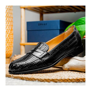 Zelli Italia Nicola Men's Shoes Black Woven Calf-Skin Leather Penny Loafer (ZEL1021)