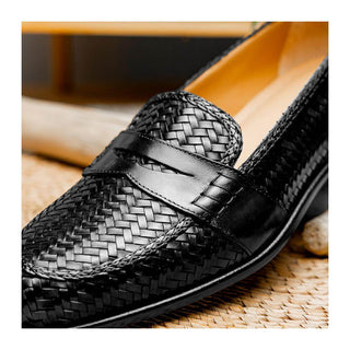 Zelli Italia Nicola Men's Shoes Black Woven Calf-Skin Leather Penny Loafer (ZEL1021)