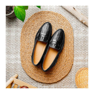 Zelli Italia Nicola Men's Shoes Black Woven Calf-Skin Leather Penny Loafer (ZEL1021)