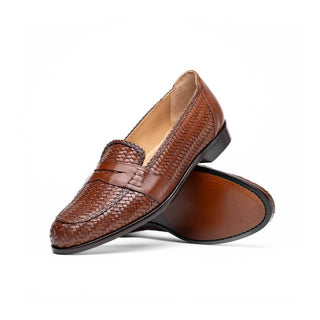 Zelli Italia Nicola Men's Shoes Cognac Woven Calf-Skin Leather Penny Loafer (ZEL1021)