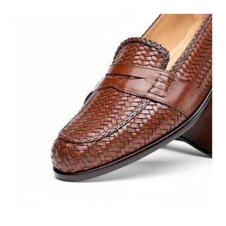 Zelli Italia Nicola Men's Shoes Cognac Woven Calf-Skin Leather Penny Loafer (ZEL1021)