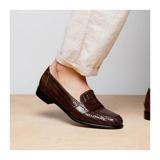 Zelli Italia Nicola Men's Shoes Brown Woven Calf-Skin Leather Penny Loafer (ZEL1021)