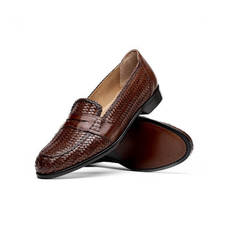 Zelli Italia Nicola Men's Shoes Brown Woven Calf-Skin Leather Penny Loafer (ZEL1021)