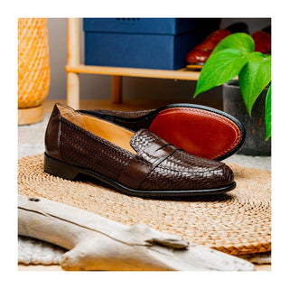 Zelli Italia Nicola Men's Shoes Brown Woven Calf-Skin Leather Penny Loafer (ZEL1021)