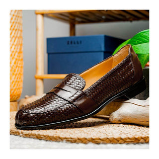 Zelli Italia Nicola Men's Shoes Brown Woven Calf-Skin Leather Penny Loafer (ZEL1021)