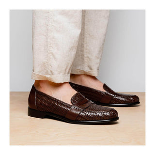 Zelli Italia Nicola Men's Shoes Brown Woven Calf-Skin Leather Penny Loafer (ZEL1021)