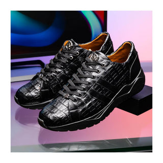 Marco Di Milano Nino Men's Shoes Black Genuine Caiman Crocodile Fashion Sneaker (MDM1108)