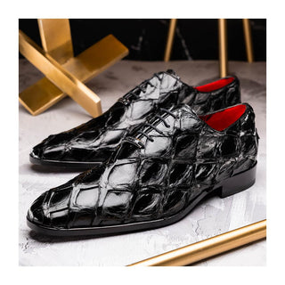 Marco Di Milano Olivieri Men's Shoes Black Exotic Pirarucu Leather Whole cut Oxfords (MDM1201)