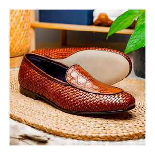 Zelli Italia Palio Men’s Shoes Cognac Crocodile & Woven Calf-Skin Leather Loafer (ZEL1017)