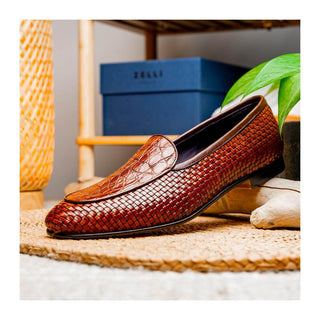 Zelli Italia Palio Men’s Shoes Cognac Crocodile & Woven Calf-Skin Leather Loafer (ZEL1017)