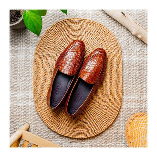 Zelli Italia Palio Men’s Shoes Cognac Crocodile & Woven Calf-Skin Leather Loafer (ZEL1017)