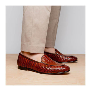 Zelli Italia Palio Men’s Shoes Cognac Crocodile & Woven Calf-Skin Leather Loafer (ZEL1017)