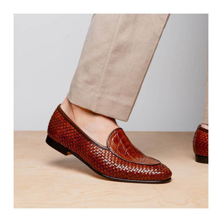 Zelli Italia Palio Men’s Shoes Cognac Crocodile & Woven Calf-Skin Leather Loafer (ZEL1017)