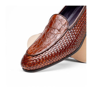 Zelli Italia Palio Men’s Shoes Cognac Crocodile & Woven Calf-Skin Leather Loafer (ZEL1017)