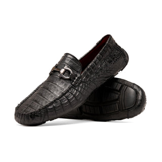 Marco Di Milano Parma Men's Shoes Black Exotic Crocodile Moccasin Driver Horsebit Loafers (MDM1187)