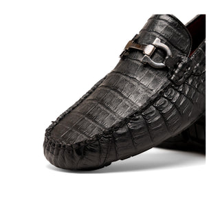 Marco Di Milano Parma Men's Shoes Black Exotic Crocodile Moccasin Driver Horsebit Loafers (MDM1187)