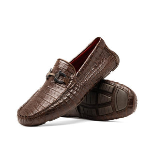 Marco Di Milano Parma Men's Shoes Brown Exotic Crocodile Moccasin Driver Horsebit Loafers (MDM1187)