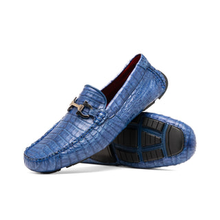 Marco Di Milano Parma Men's Shoes Blue Jeans Exotic Crocodile Moccasin Driver Horsebit Loafers (MDM1187)