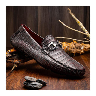 Marco Di Milano Parma Men's Shoes Black Cherry Exotic Crocodile Moccasin Driver Horsebit Loafers (MDM1187)