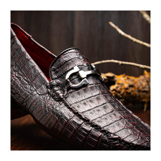 Marco Di Milano Parma Men's Shoes Black Cherry Exotic Crocodile Moccasin Driver Horsebit Loafers (MDM1187)