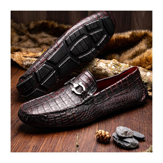 Marco Di Milano Parma Men's Shoes Black Cherry Exotic Crocodile Moccasin Driver Horsebit Loafers (MDM1187)
