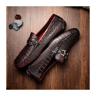 Marco Di Milano Parma Men's Shoes Black Cherry Exotic Crocodile Moccasin Driver Horsebit Loafers (MDM1187)