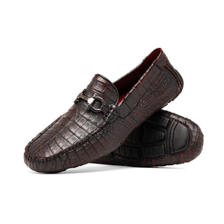 Marco Di Milano Parma Men's Shoes Black Cherry Exotic Crocodile Moccasin Driver Horsebit Loafers (MDM1187)