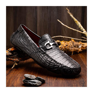 Marco Di Milano Parma Men's Shoes Black Exotic Crocodile Moccasin Driver Horsebit Loafers (MDM1187)
