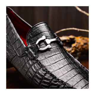 Marco Di Milano Parma Men's Shoes Black Exotic Crocodile Moccasin Driver Horsebit Loafers (MDM1187)